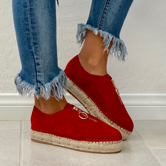 Red Suede Jute Wrap Platform Espadrille Sneaker - Picture 1 of 8